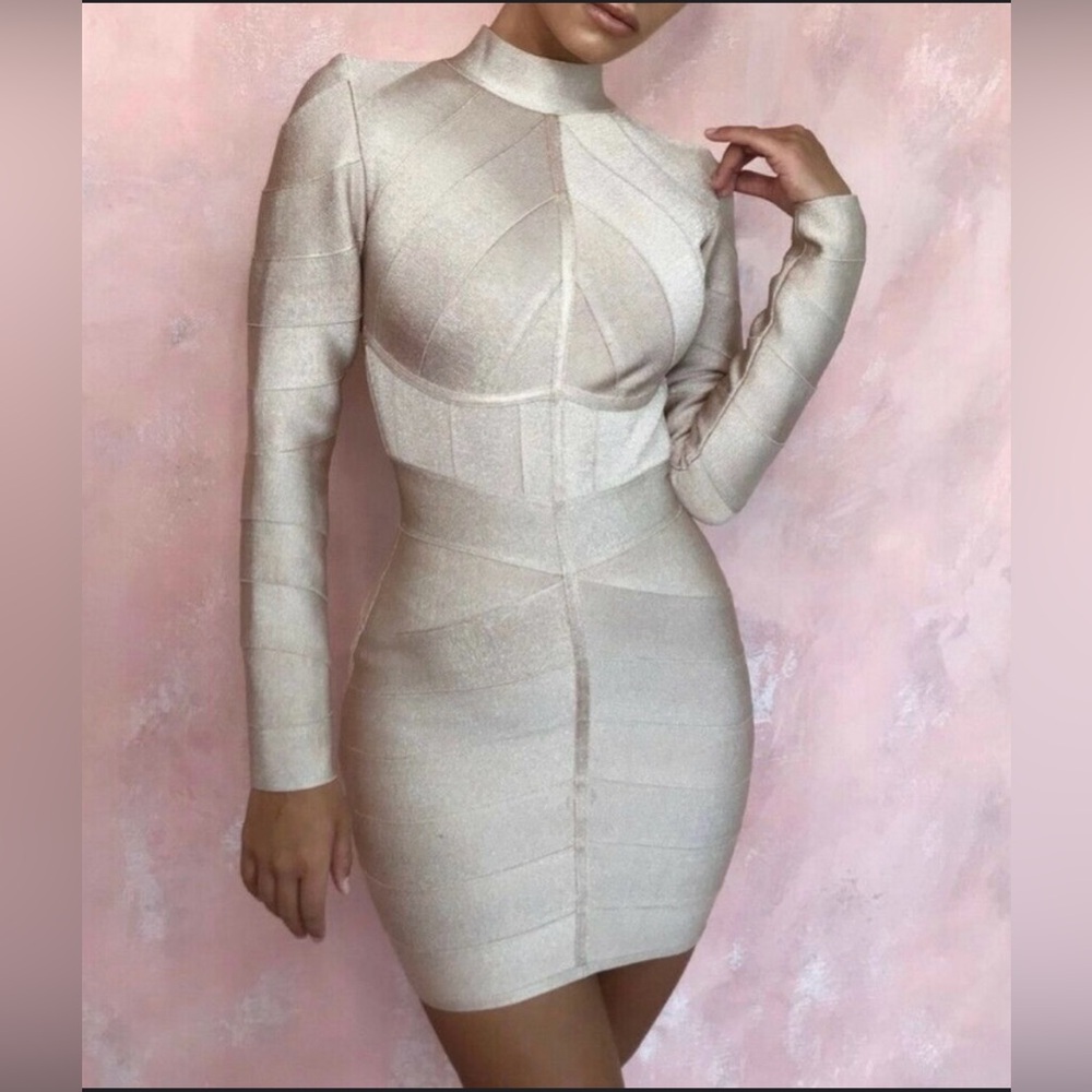 House of CB Navaz beige lurex panelled bandage dress size medium